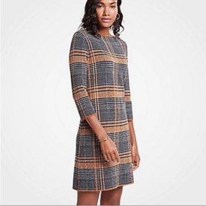 Ann Taylor Wool Blend Plaid Sweater Shift Dress In Cognac Amber